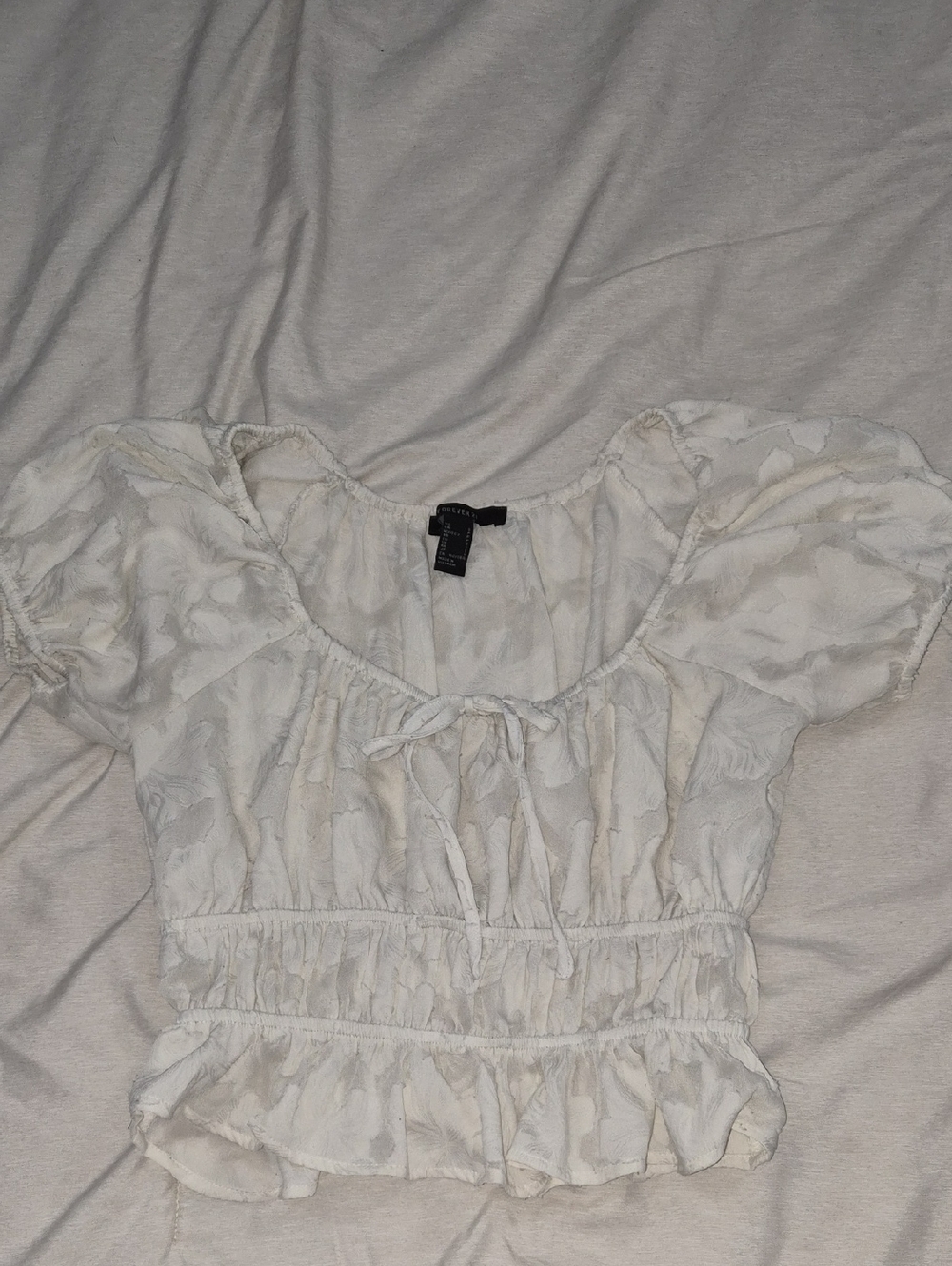 Forever 21 White Puff-Sleeve Tie-Front Smocked Top